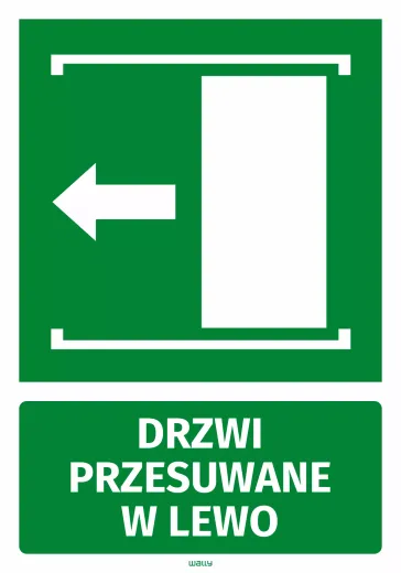 Zielona naklejka BHP na drzwi z białym piktogramem i napisem Drzwi przesuwane w lewo, na białym tle