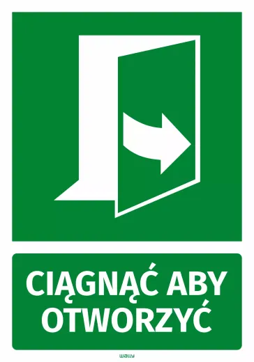 Zielona naklejka informacyjna z białym piktogramem uchylonych drzwi i napisem Ciągnąć aby otworzyć