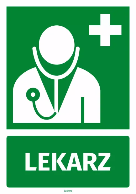 Zielona naklejka informacyjna z białym piktogramem lekarza ze stetoskopem, krzyżem i napisem LEKARZ na białym tle