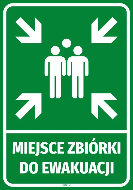 Zielona naklejka BHP z białym piktogramem postaci i strzałek oraz napisem Miejsce zbiórki do ewakuacji