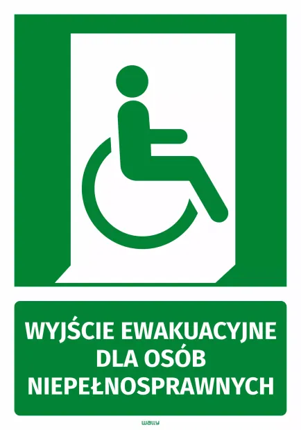 Zielona naklejka BHP na drzwi z piktogramem wózka i napisem Wyjście ewakuacyjne dla osób niepełnosprawnych