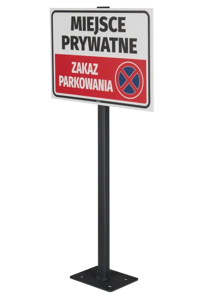 Słupek z podstawą do tabliczek – 60/80 cm - Wzór graficzny. Tabliczka z napisem w kolorze białym i czerwonym, z symbolem