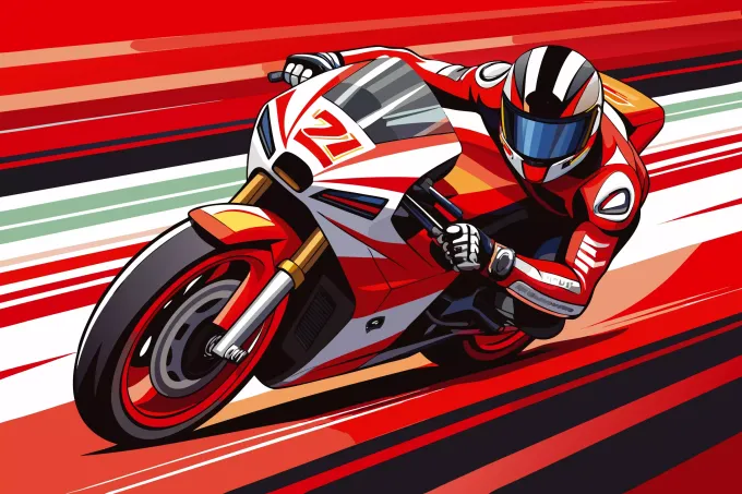 Tapeta dla chłopca Motocykl sportowy 0552 - Wzór graficzny. Motocykl w ruchu na tle dynamicznych, czerwonych pasów
