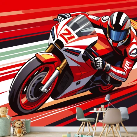 Tapeta dla chłopca Motocykl sportowy 0552 - Aranżacja w pokoju dziecięcym. Ściany w odcieniach czerwieni i bieli