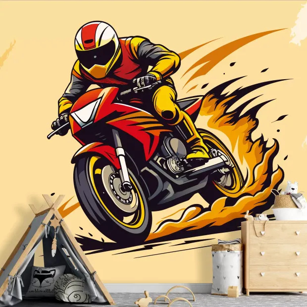 Tapeta na ścianę Motocykl wyścigowy 0551 - Wzór graficzny. Motocykl w ruchu, ogień i dynamiczne linie