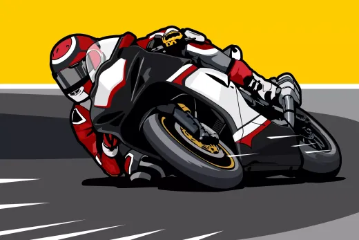 Fototapeta z motywem sportowego motocykla na zakręcie, przedstawiona jako wizualizacja wzoru na białym tle