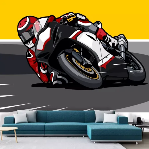 Fototapeta na ścianę z grafiką przedstawiającą sportowy motocykl ścigacz z kierowcą na zakręcie