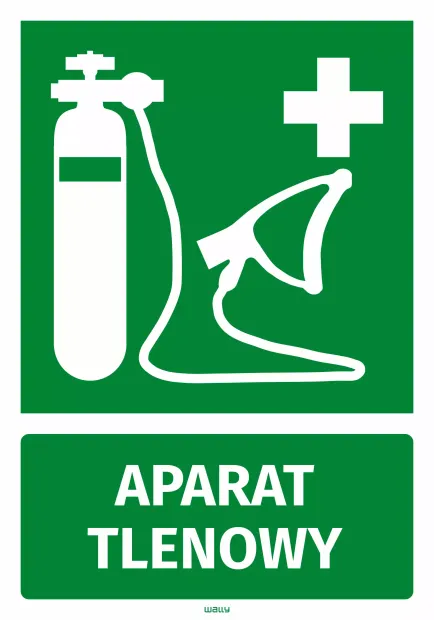 Zielona naklejka BHP z białym piktogramem butli, maski i krzyża oraz napisem APARAT TLENOWY na białym tle
