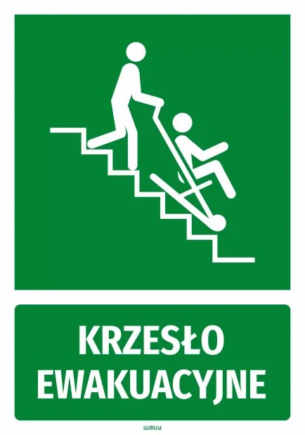 Zielona naklejka informacyjna BHP z białym piktogramem i napisem Krzesło ewakuacyjne na białym tle