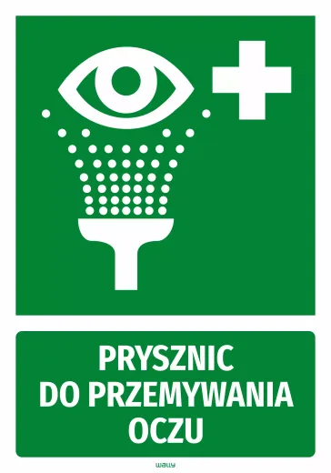 Zielona naklejka BHP z białym piktogramem i napisem Prysznic do przemywania oczu na białym tle