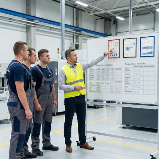Prostokątne ramki magnetyczne w różnych kolorach umieszczone na białej tablicy w hali produkcyjnej