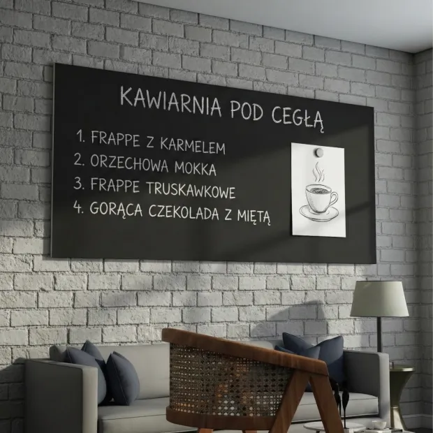 Tablica kredowa magnetyczna do mazaków kredowych - Aranżacja w kawiarni. Ściany z cegły, drewniane meble, stonowane kolory