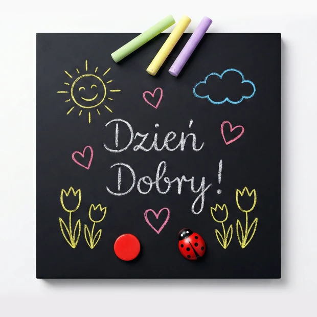 Magnetyczna tablica z wesołym napisem "Dzień Dobry!" idealna do kreatywnej dekoracji pomieszczeń dziecięcych.
