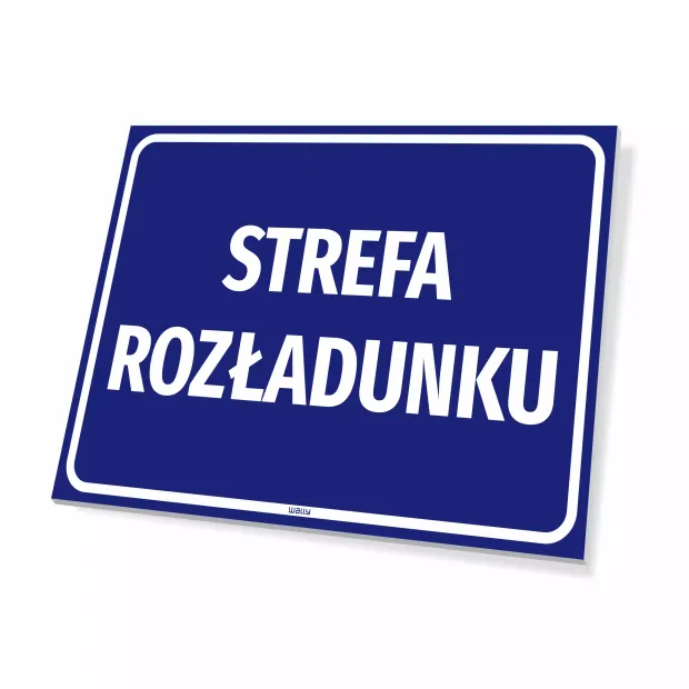 Niebieska tabliczka informacyjna z białym napisem STREFA ROZŁADUNKU i ramką, pokazana na białym tle