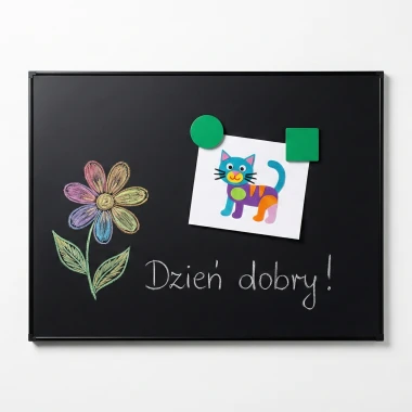 Tablica kredowa magnetyczna w ramie aluminiowej w dowolnym rozmiarze - Wzór graficzny. Na tablicy znajdują się kolorowe