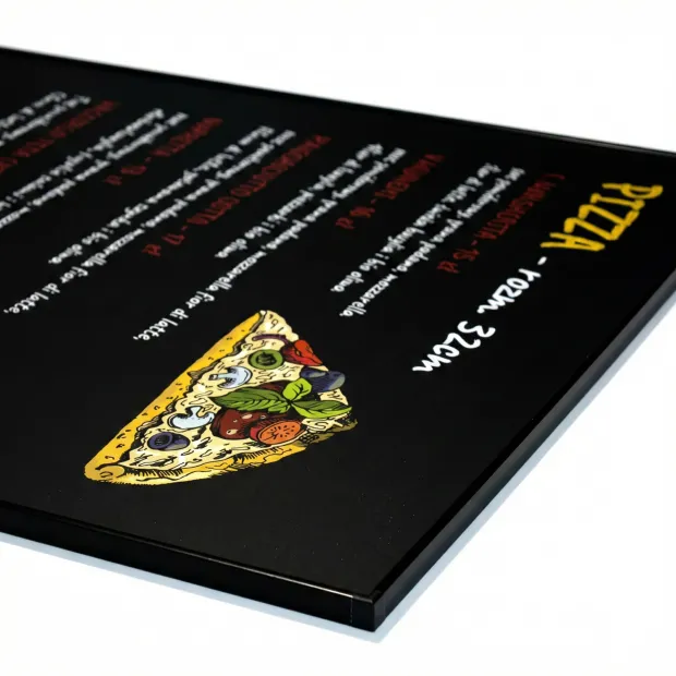 Tablica kredowa magnetyczna w ramie aluminiowej z nadrukiem - Wzór graficzny. Grafika przedstawia kawałek pizzy z różnymi