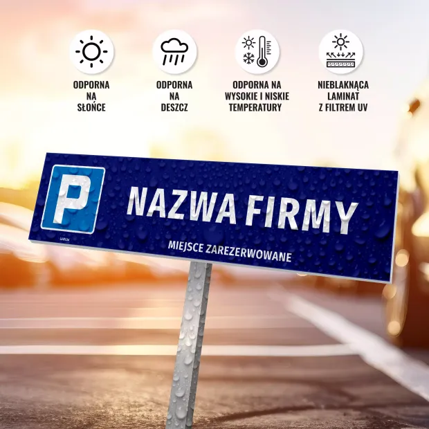 Tabliczka Miejsce zarezerwowane Nazwa firmy na słupku w infografice pokazującej odporność na warunki atmosferyczne