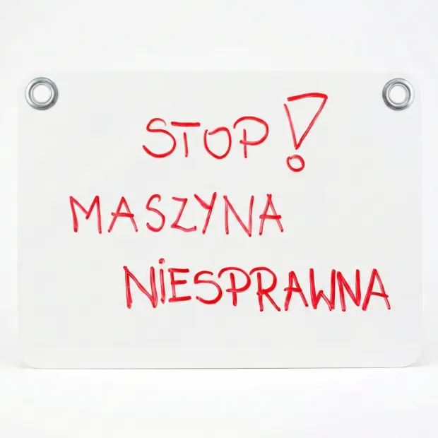 Tabliczka suchościeralna z napisem STOP! MASZYNA NIESPRAWNA, z metalowymi oczkami do zawieszenia na białym tle