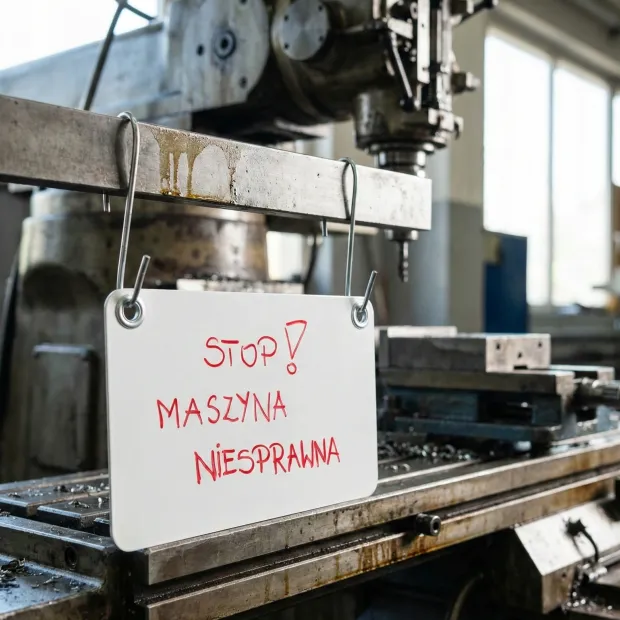 Tabliczka suchościeralna z napisem STOP! MASZYNA NIESPRAWNA, zawieszona na metalowych haczykach przy maszynie