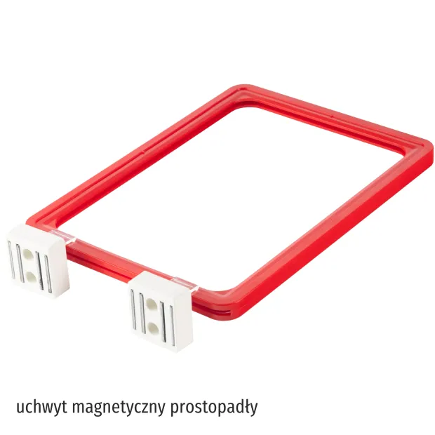Tabliczka suchościeralna w czerwonej ramce z białym uchwytem magnetycznym prostopadłym na białym tle