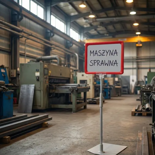 Tabliczka suchościeralna na nóżce teleskopowej z przykładowym napisem MASZYNA SPRAWNA w hali produkcyjnej