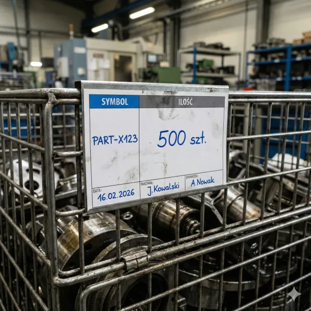 Suchościeralna zawieszka magazynowa z nadrukiem SYMBOL i ILOŚĆ, zamontowana na metalowym koszu paletowym