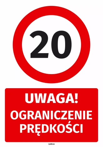Naklejka parkingowa: Uwaga Ograniczenie prędkości do 20 km/h