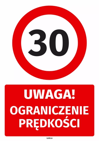 Naklejka parkingowa: Uwaga Ograniczenie prędkości do 30 km/h