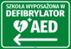 Naklejka Szkoła wyposażona w defibrylator AED, strzałka w lewo