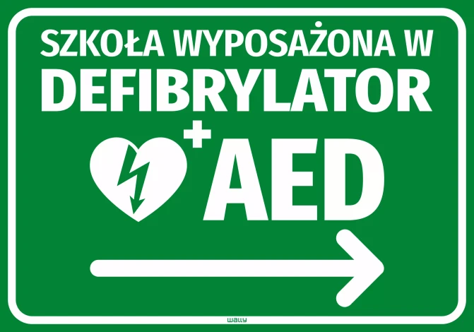 Naklejka Szkoła wyposażona w defibrylator AED, strzałka w prawo