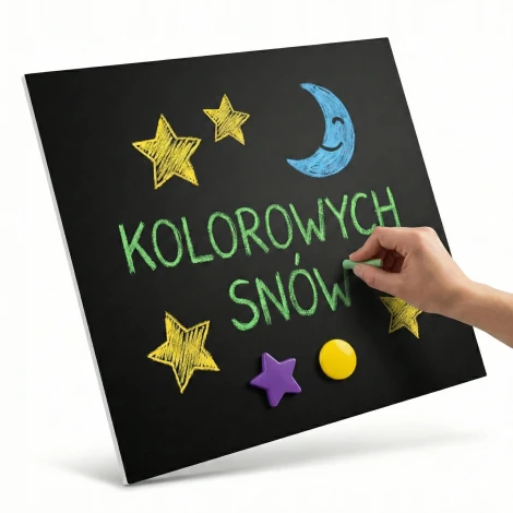 Tablica kredowa magnetyczna do mazaków kredowych - Wzór graficzny. Na czarnym tle widoczne są kolorowe napisy i gwiazdki
