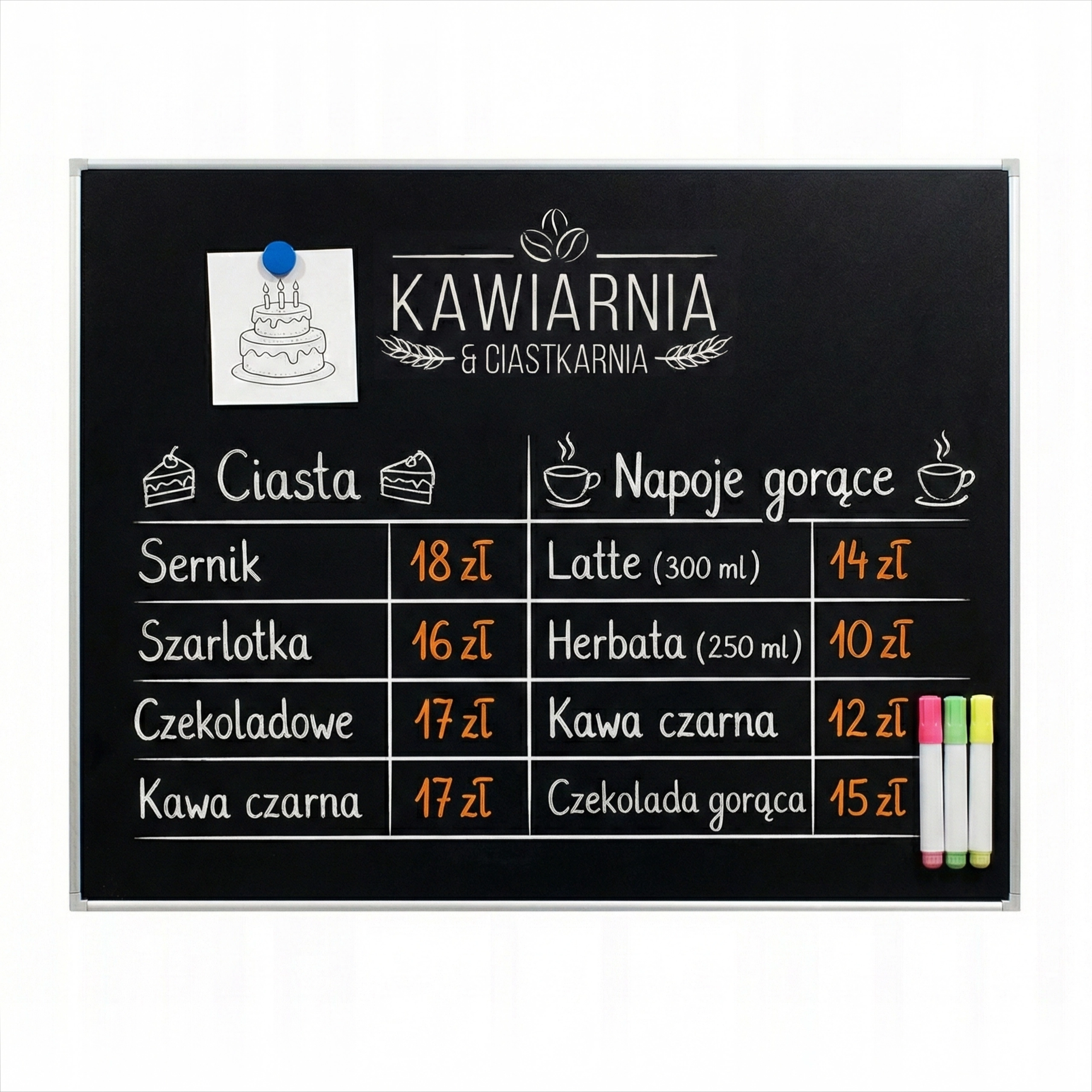 Tablica kredowa magnetyczna w ramie aluminiowej z nadrukiem