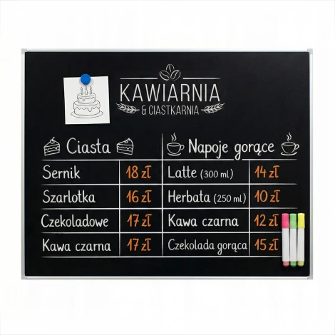 Tablica kredowa magnetyczna w ramie aluminiowej z nadrukiem – Menu kawiarni.