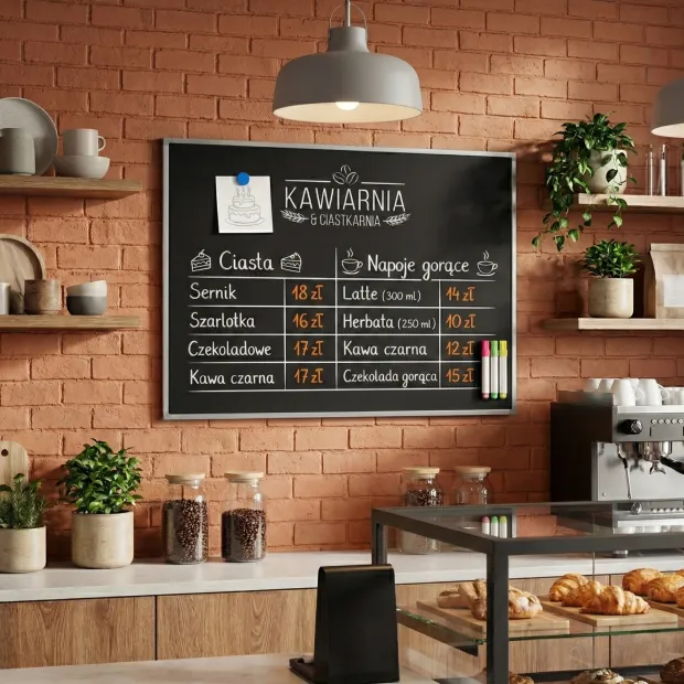 Tablica kredowa magnetyczna w ramie aluminiowej z nadrukiem – Aranżacja