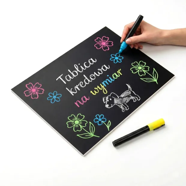 Tablica kredowa na wymiar - mazaki kredowe - Wzór graficzny. Na czarnym tle widoczne są kolorowe gwiazdy i napis