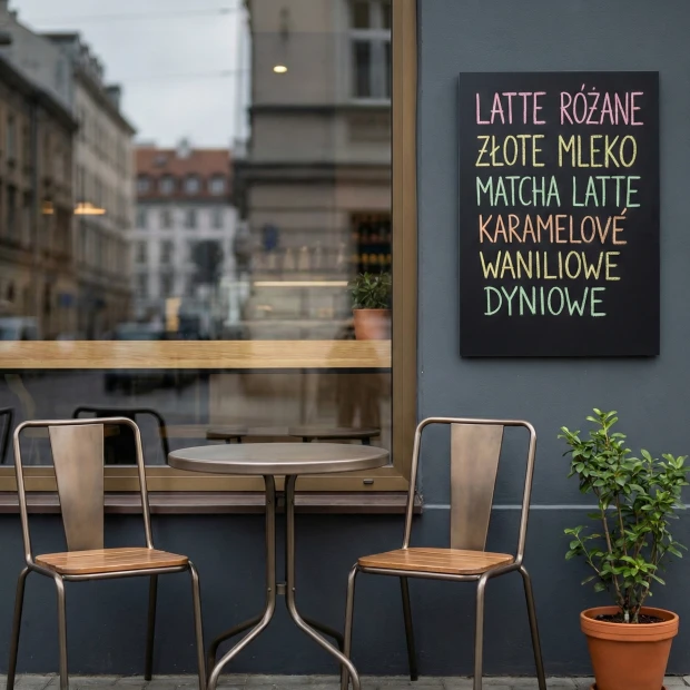Tablica kredowa na wymiar - Aranżacja w kawiarni. Ściany w jasnych kolorach, drewniane meble, stół i krzesła