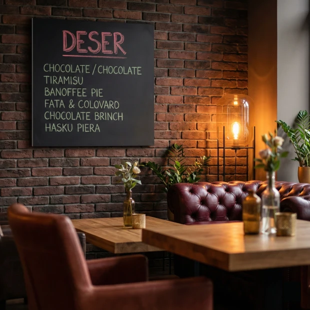 Tablica kredowa na wymiar - Aranżacja w restauracji. Ciemne cegły i czerwone skórzane siedziska