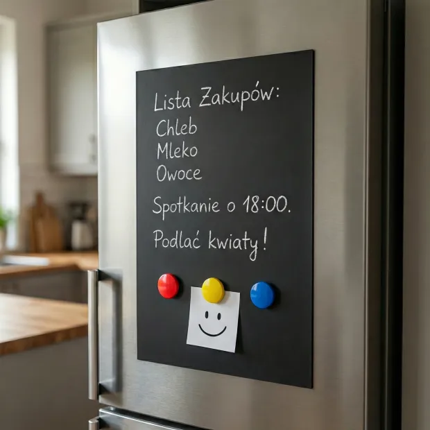 Czarny prostokątny magnes kredowy z przykładowymi zapiskami, przyczepiony do metalowych drzwi lodówki