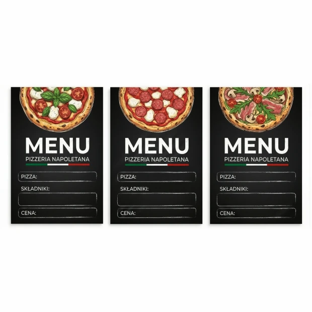 Tablica kredowa z nadrukiem na wymiar — Menu Pizzeria. Grafika z ilustracjami pizzy i miejscem na wpisanie ceny