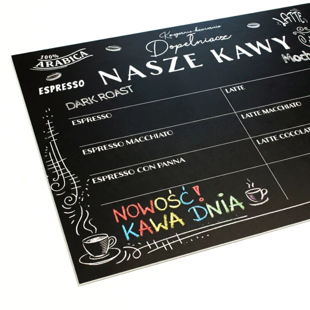 Tablica kredowa z nadrukiem na wymiar - Wzór graficzny. Czarny tło z białym tekstem i rysunkami