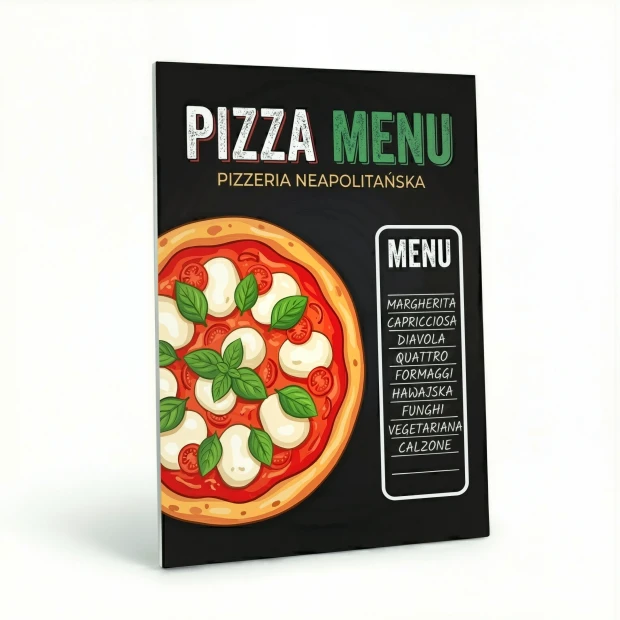 Tablica kredowa z nadrukiem na wymiar — Pizza Menu. Grafika przedstawia pizzę neapolitańską oraz listę dań на czarnym tle.