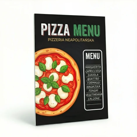Tablica kredowa z nadrukiem na wymiar — Pizza Menu. Grafika przedstawia pizzę neapolitańską oraz listę dań на czarnym tle.