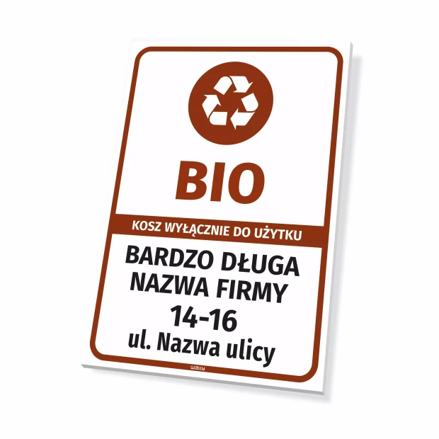 Tabliczka BIO, kosz wyłącznie do użytku: nazwa firmy z adresem