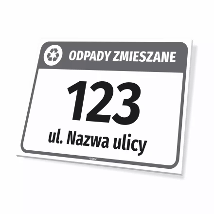 Tabliczka na kosz odpady zmieszane, z ulicą i numerem domu