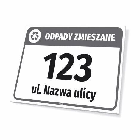 Tabliczka na kosz odpady zmieszane, z ulicą i numerem domu