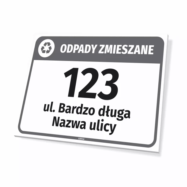 Tabliczka na kosz odpady zmieszane, z ulicą i numerem domu