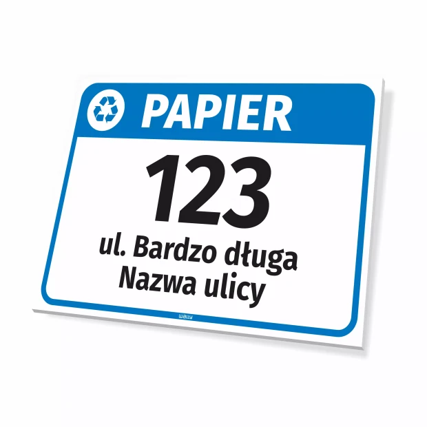 Tabliczka na kosz papier, z ulicą i numerem domu
