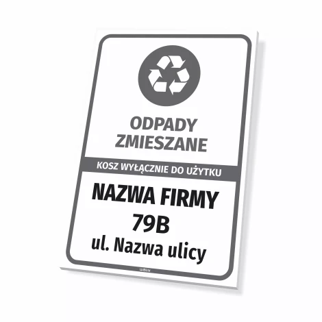 Tabliczka odpady zmieszane, kosz wyłącznie do użytku: nazwa firmy z adresem