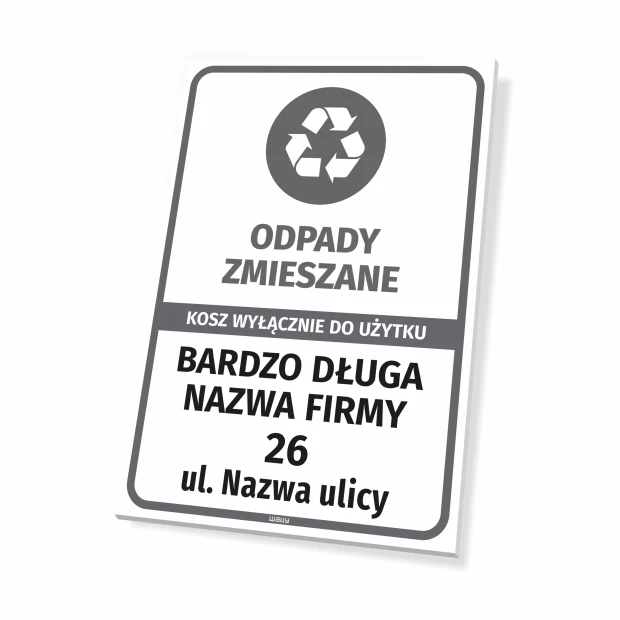 Tabliczka odpady zmieszane, kosz wyłącznie do użytku: nazwa firmy z adresem