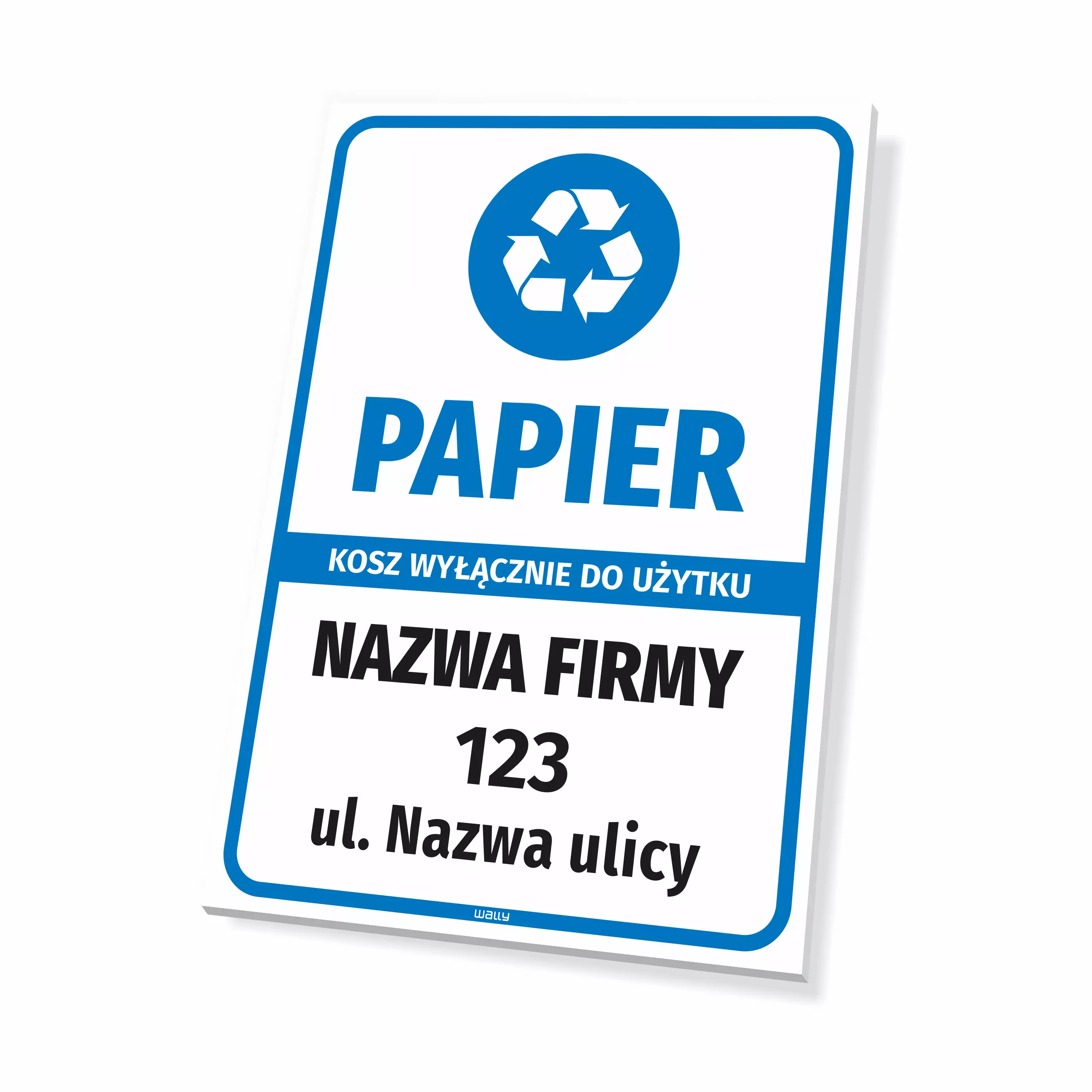 Tabliczka papier, kosz wyłącznie do użytku: nazwa firmy z adresem